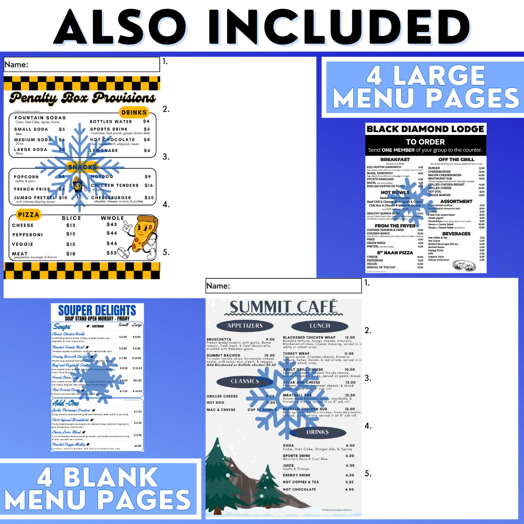 Winter Menus BUNDLE - Reading Menus & Menu Math - Life Skills