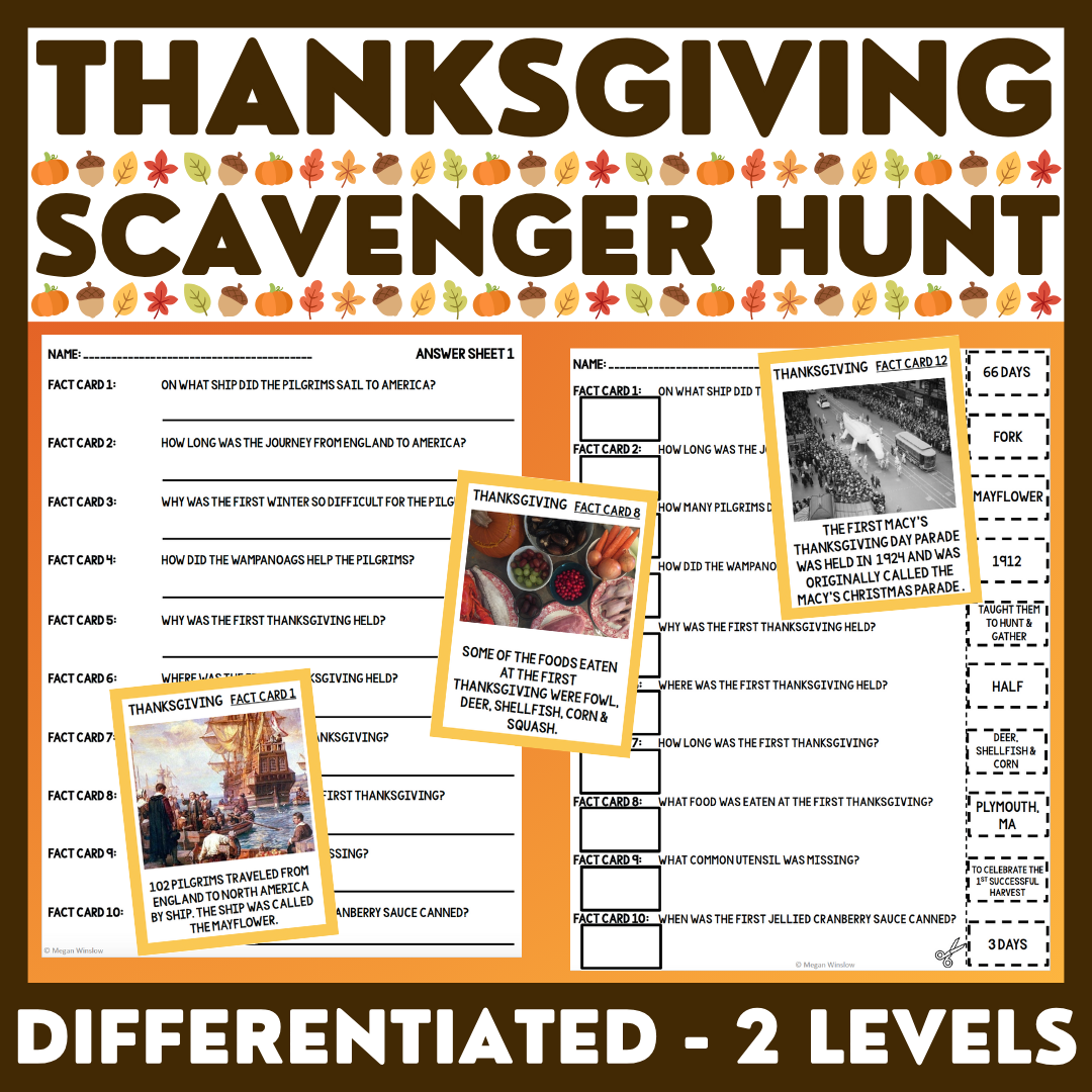 Thanksgiving Scavenger Hunt - Informational Reading - Scoot Activity - 2 Levels