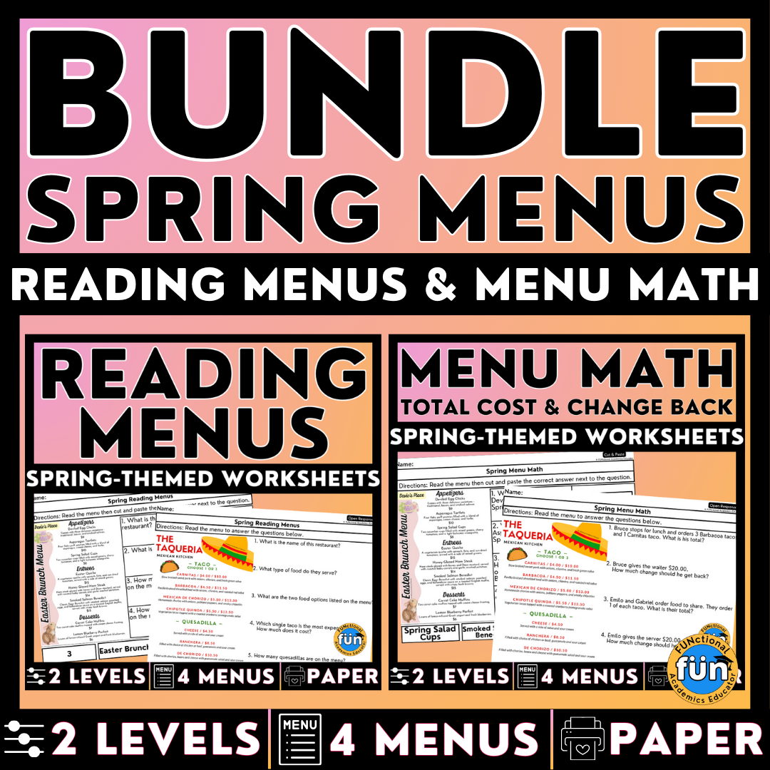 Spring Menus BUNDLE - Reading Menus & Menu Math - Life Skills