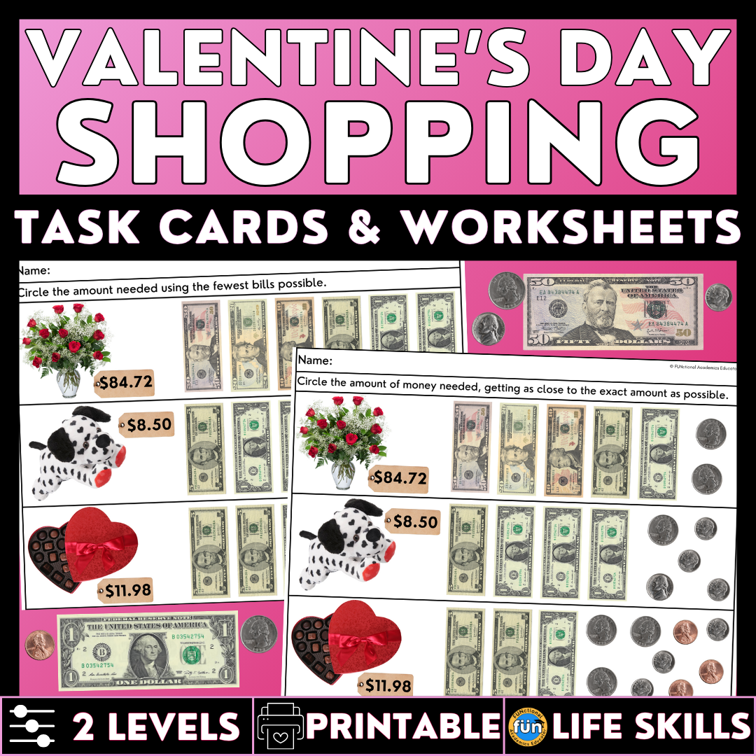 Valentine's Day Shopping Task Cards/ Worksheets - Real Photos - Money Math