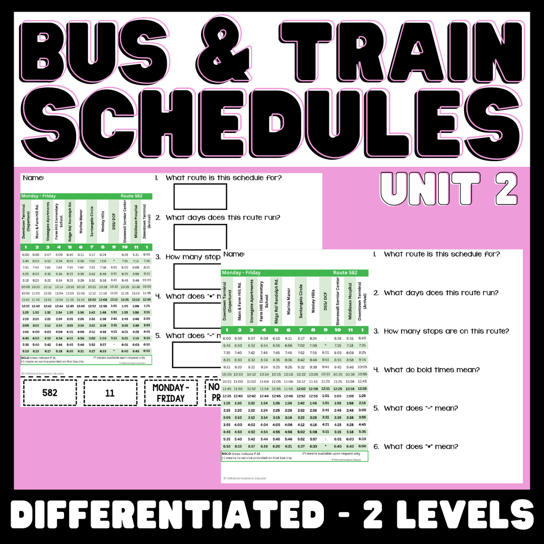 Bus & Train Schedules Unit 2 - Life Skills - Vocational - Special Education