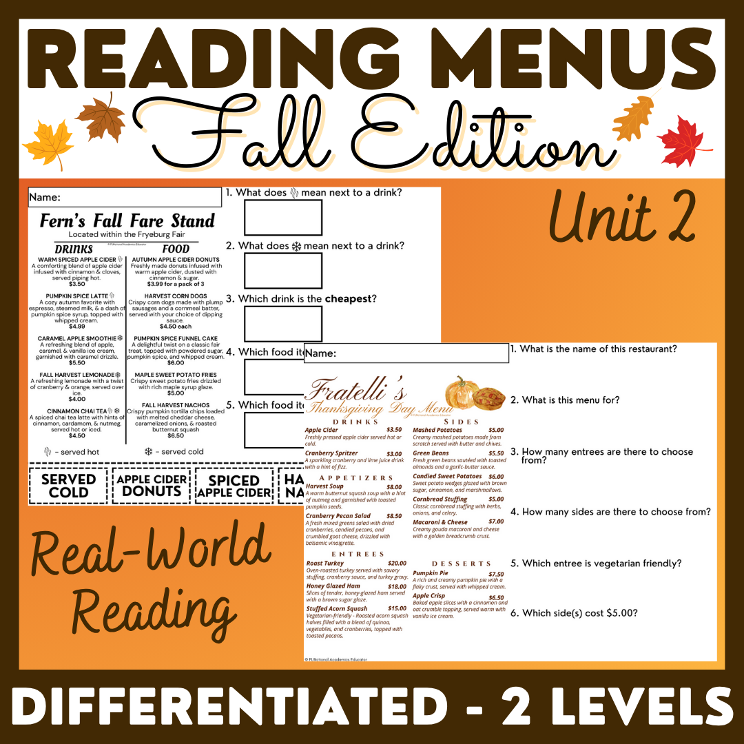 Reading Fall Menus Unit 2 - Functional Reading - Reading Comprehension