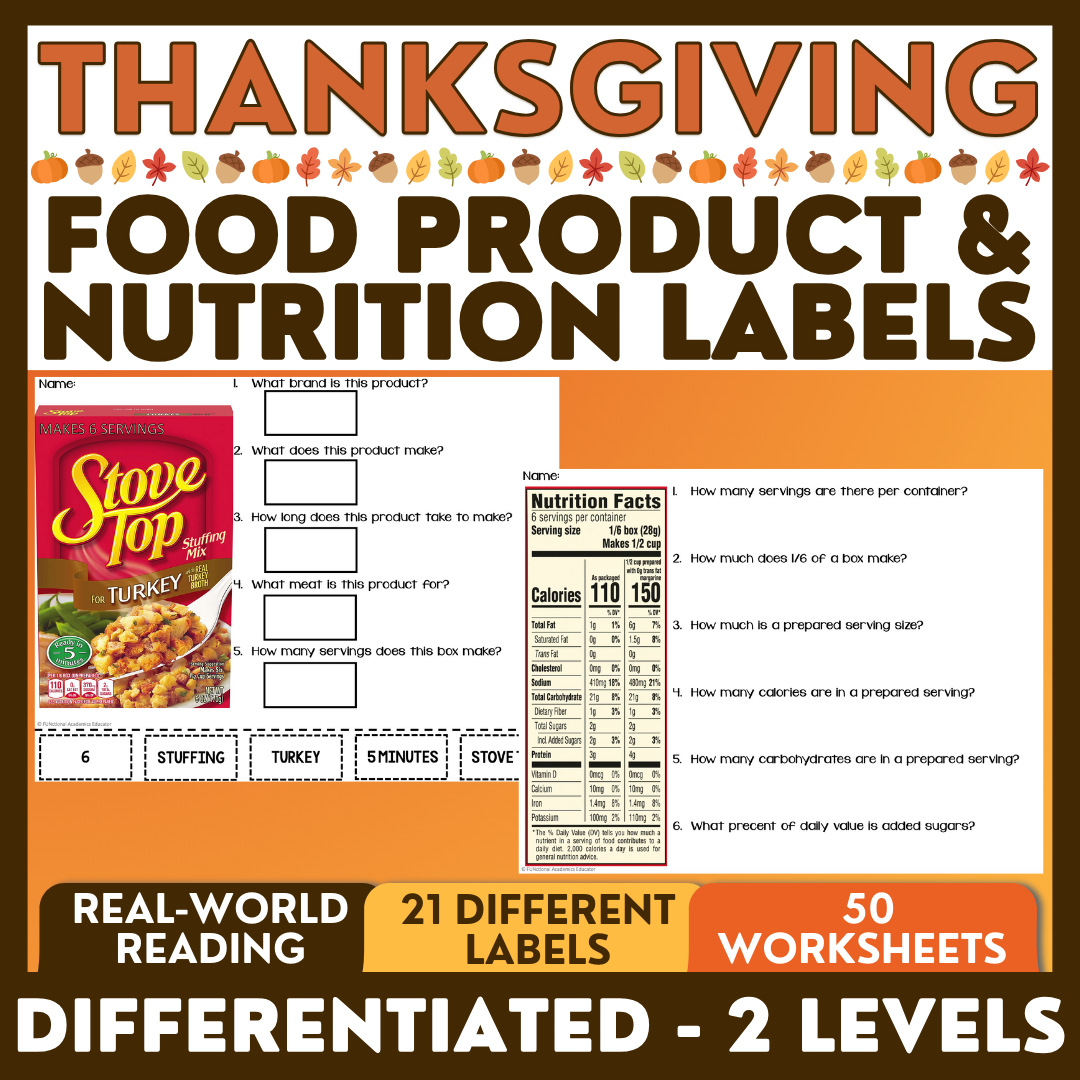 Thanksgiving Food Product & Nutrition Label Comprehension - Special Education