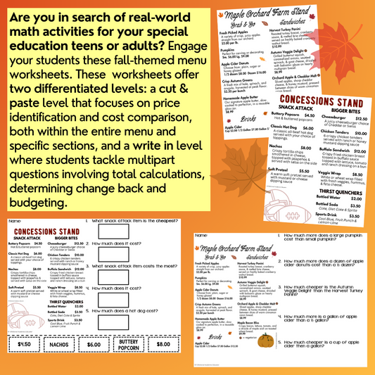 Fall Menu Math Unit 1 - Calculating Total & Change Back - Life Skills