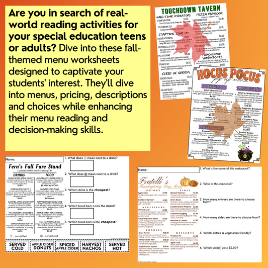 Reading Fall Menus Unit 2 - Functional Reading - Reading Comprehension