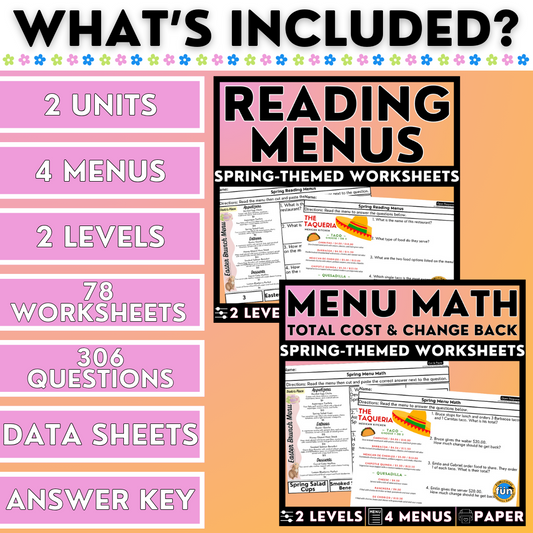 Spring Menus BUNDLE - Reading Menus & Menu Math - Life Skills