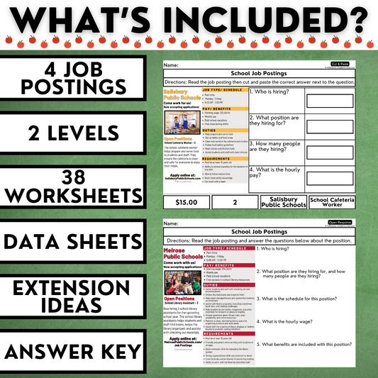 School Job Postings 1 - Reading Job Descriptions - Vocational Skills Worksheets