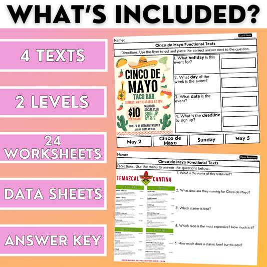 Cinco de Mayo Funtional Texts - Real-World Reading & Comprehension Worksheets