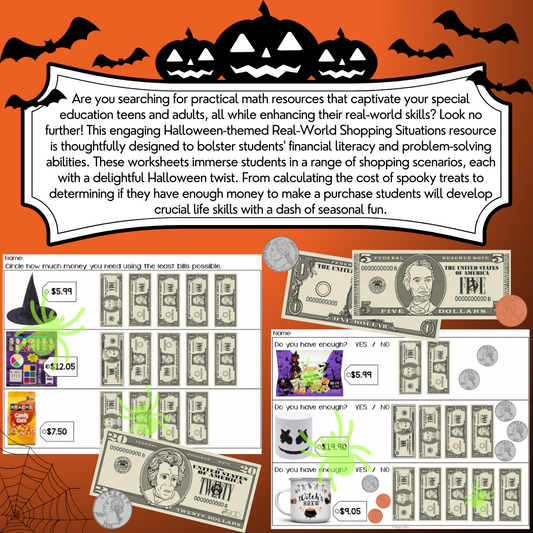 Halloween Shopping Task Cards/ Worksheets - Money Math - Special Education