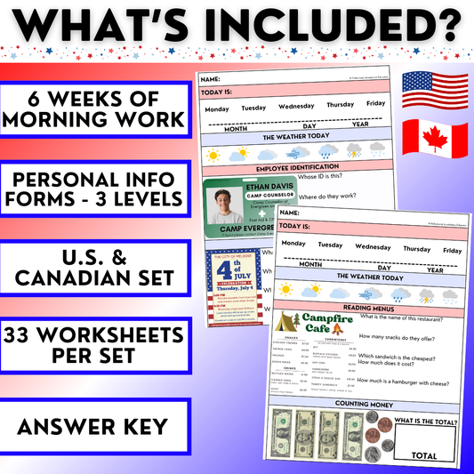 Summer Morning Work - 4th of July Life Skills - Special Education - EYP / ESY