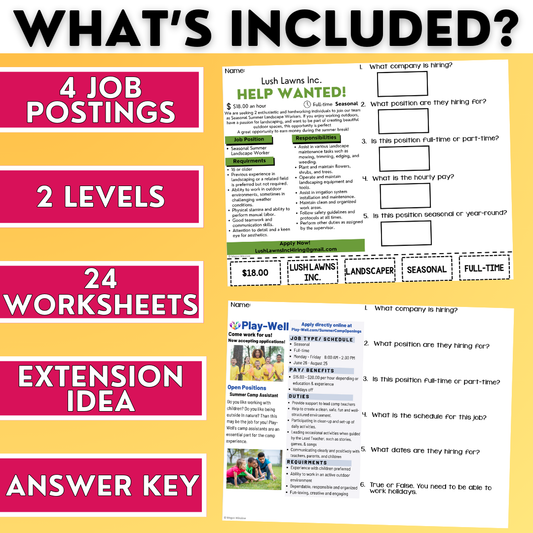 Summer Job Postings 1 - Reading Job Descriptions - Vocational Skills Worksheets