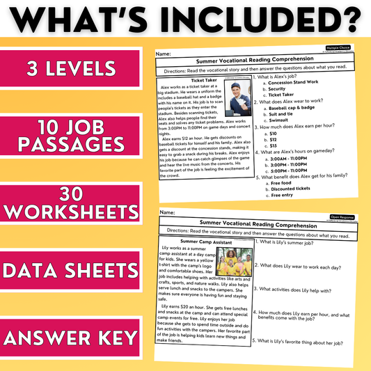 Summer Vocational Reading Comprehension Worksheets - Job Exploration