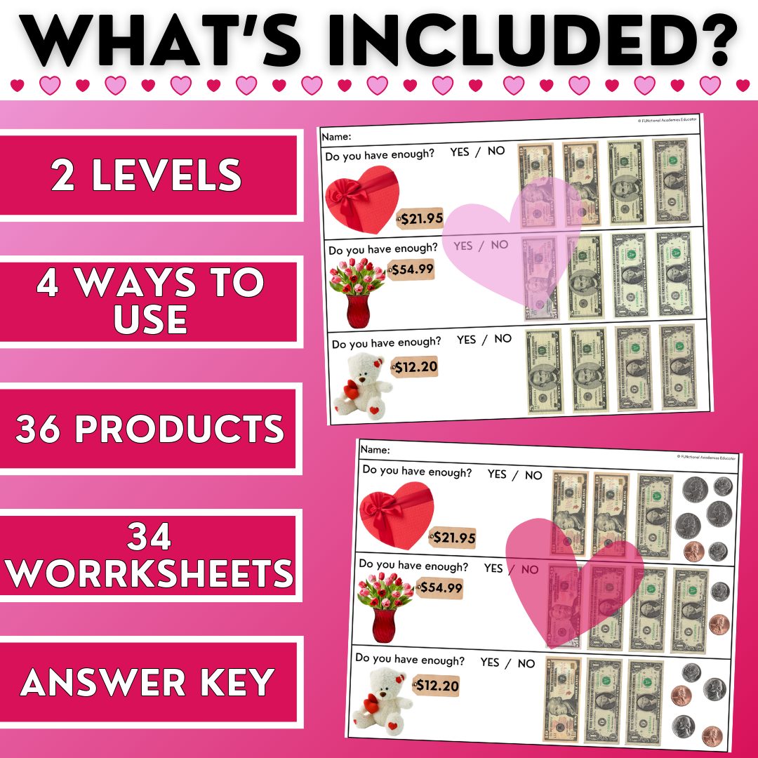 Valentine's Day Shopping Task Cards/ Worksheets - Real Photos - Money Math