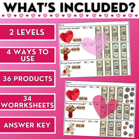 Valentine's Day Shopping Task Cards/ Worksheets - Real Photos - Money Math
