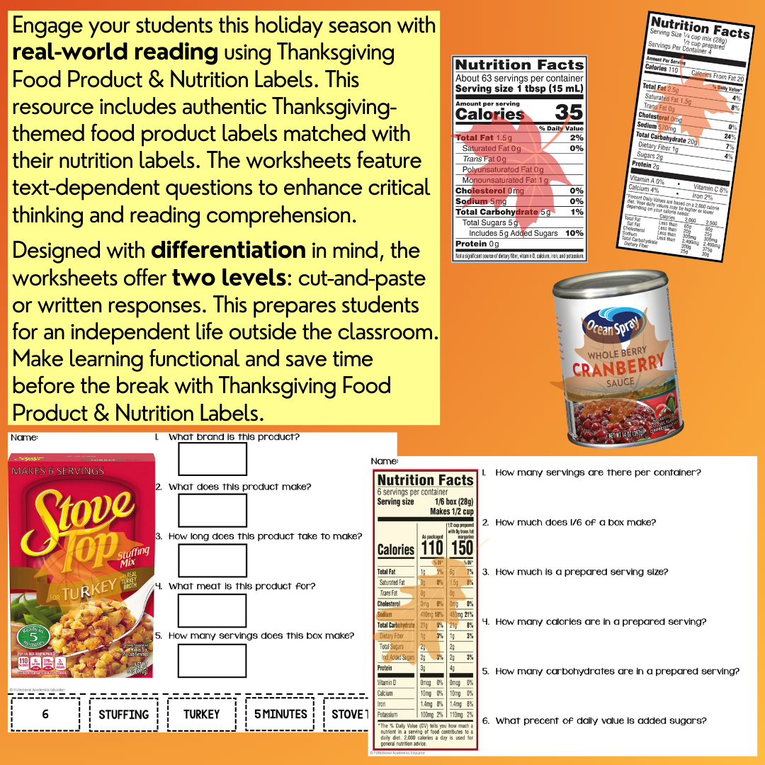 Thanksgiving Food Product & Nutrition Label Comprehension - Special Education