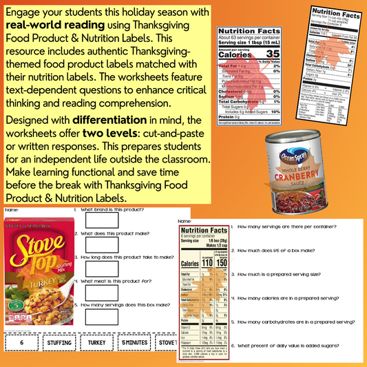 Thanksgiving Food Product & Nutrition Label Comprehension - Special Education