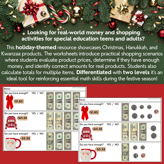 Holiday Shopping Task Cards/ Worksheets - Money Math - Special Education