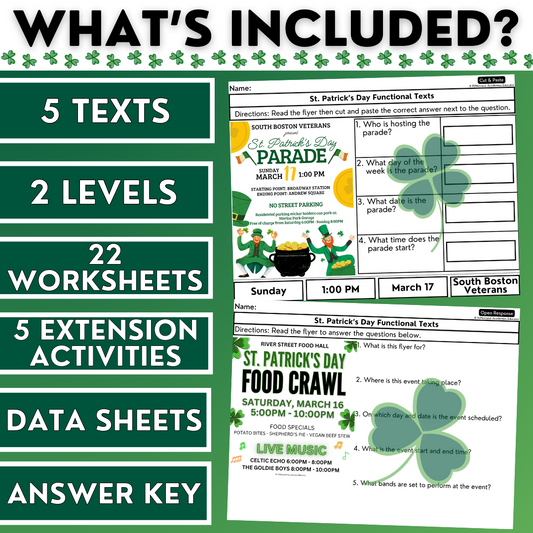 St. Patrick's Day Funtional Texts- Real-World Reading & Comprehension Worksheets