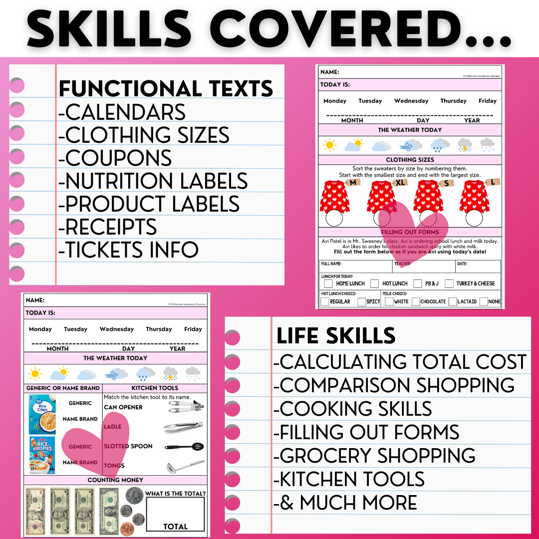 February Morning Work - Valentine's Day Life Skills - Special Ed Worksheets