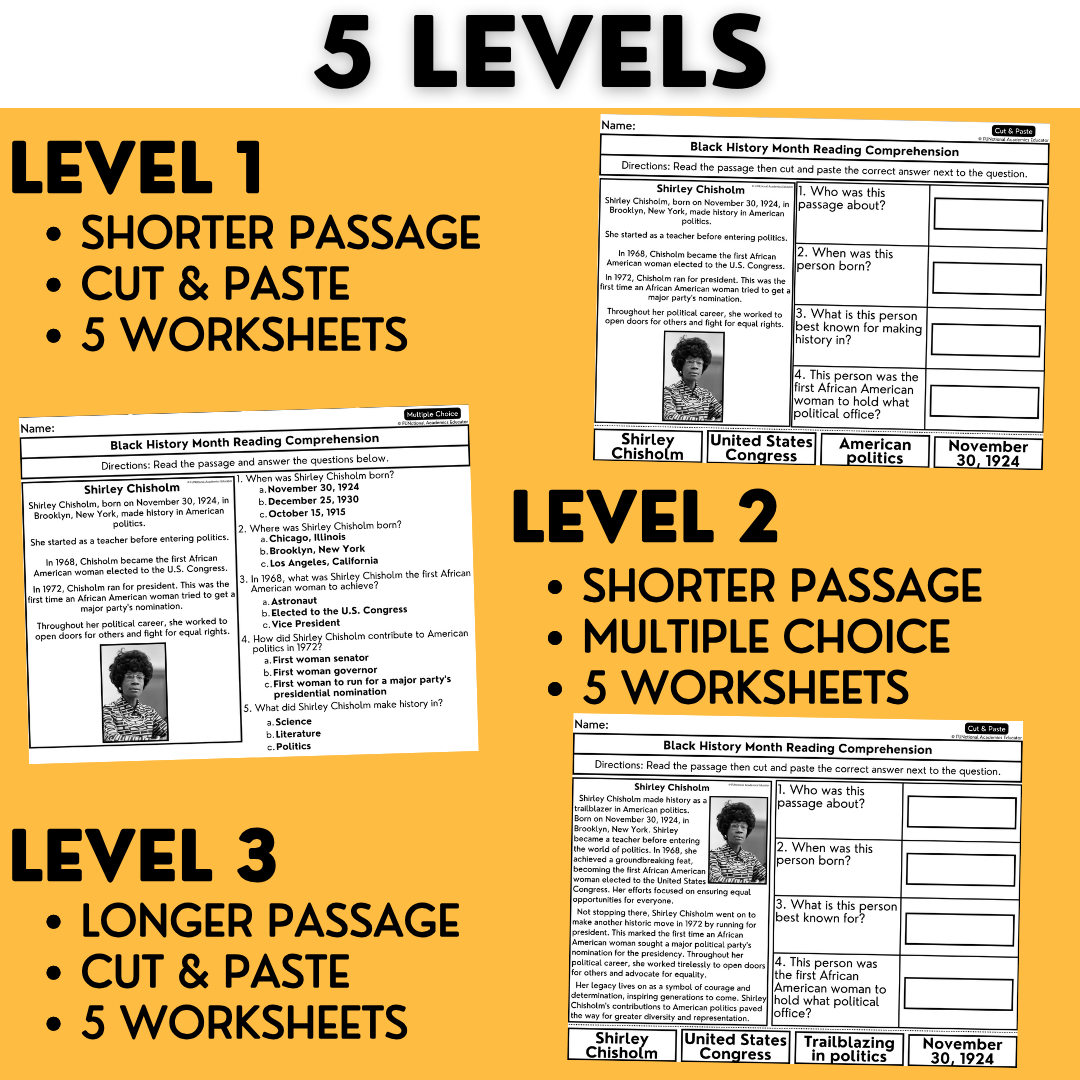 Black History Month Biographies - Reading Comprehension Worksheets - 5 Levels