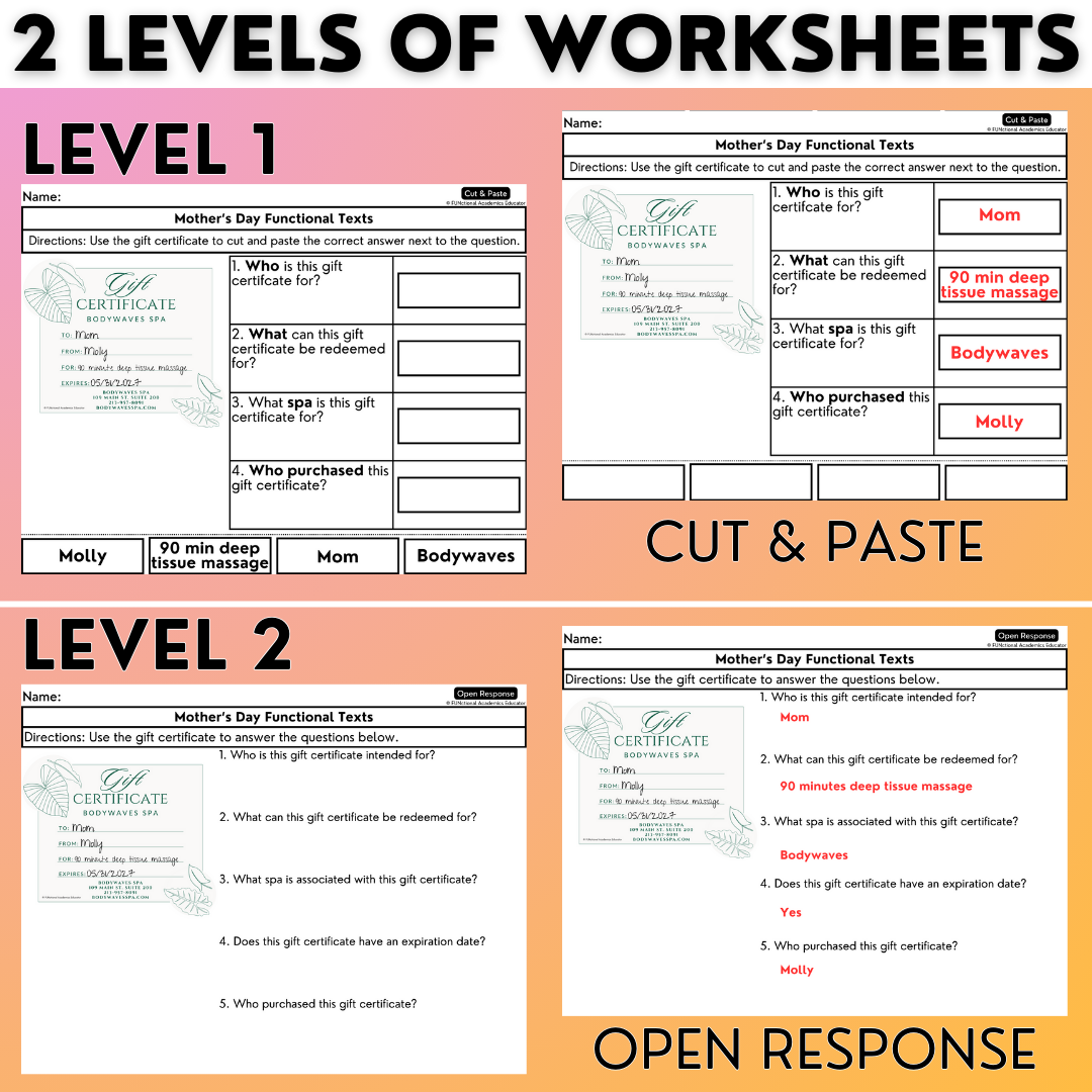 Mother's Day Funtional Texts - Real-World Reading & Comprehension Worksheets