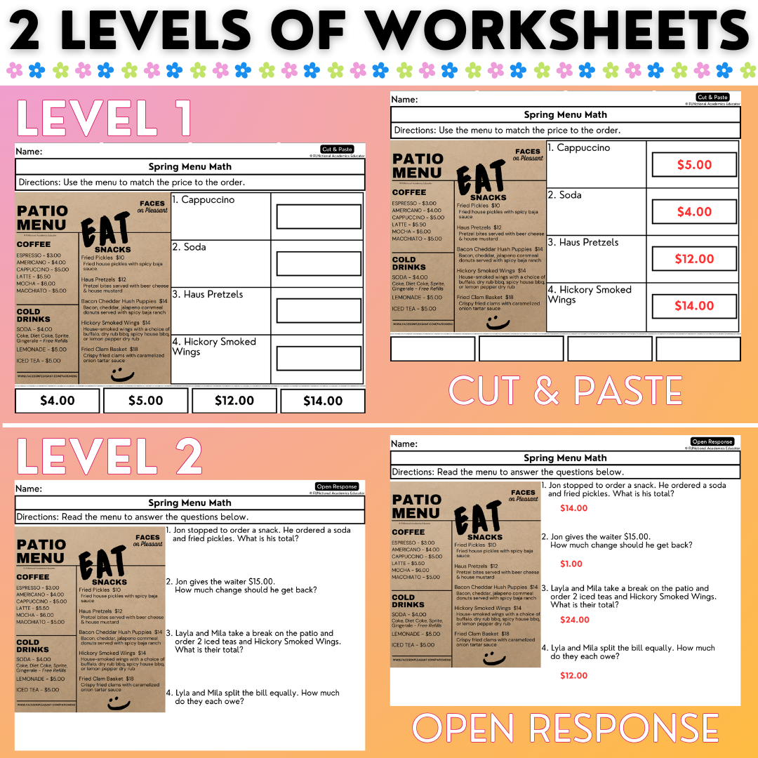 Menu Math Spring -Themed Worksheets - Total Cost & Change Back - Real-World Math