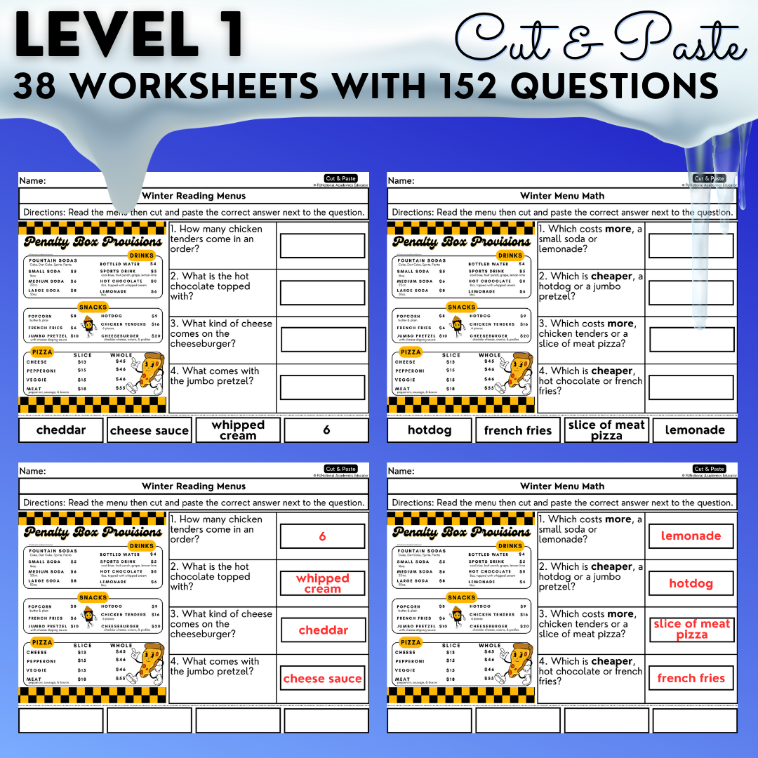 Winter Menus BUNDLE - Reading Menus & Menu Math - Life Skills