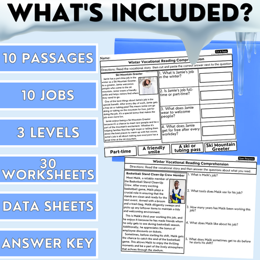 Winter Vocational Reading Comprehension Worksheets - Job Exploration
