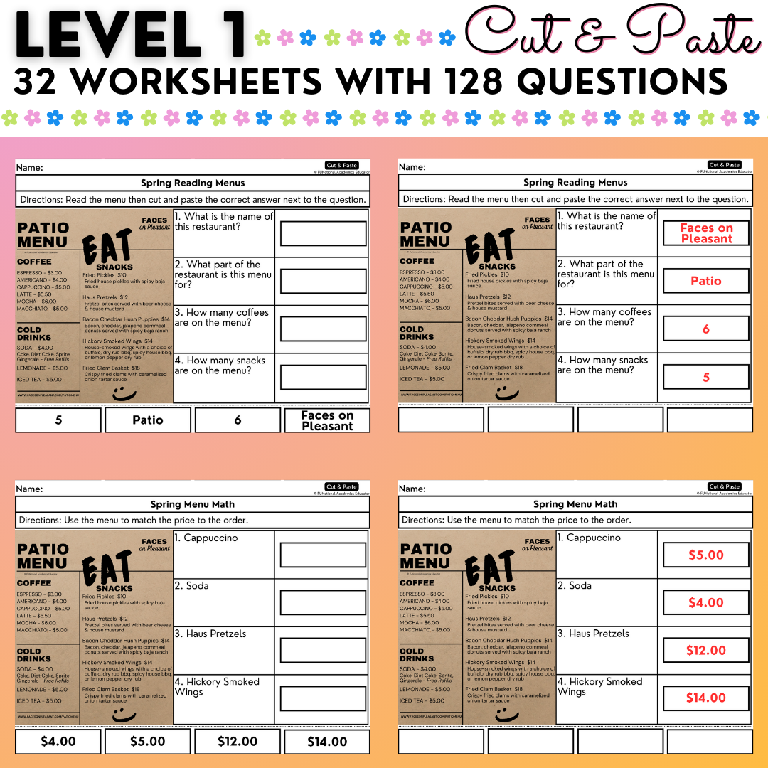 Spring Menus BUNDLE - Reading Menus & Menu Math - Life Skills