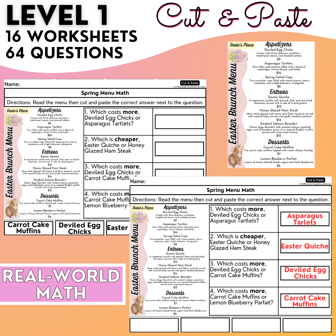 Menu Math Spring -Themed Worksheets - Total Cost & Change Back - Real-World Math