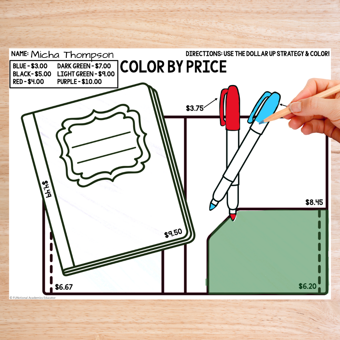 Back to School Coloring Pages - Color by Price - Dollar Up - Calculate Total
