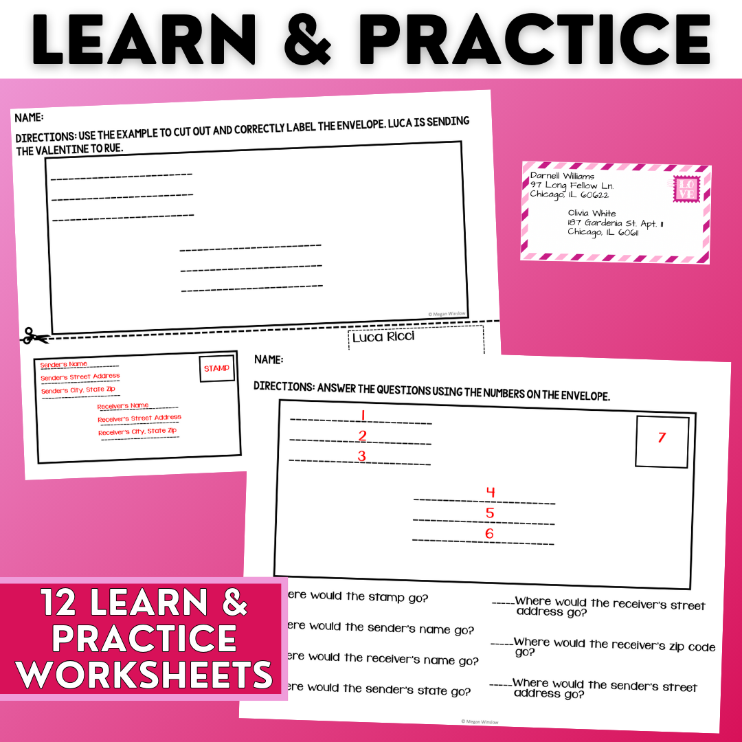 Addressing & Reading Envelopes - Valentine's Day Worksheets - Life Skills