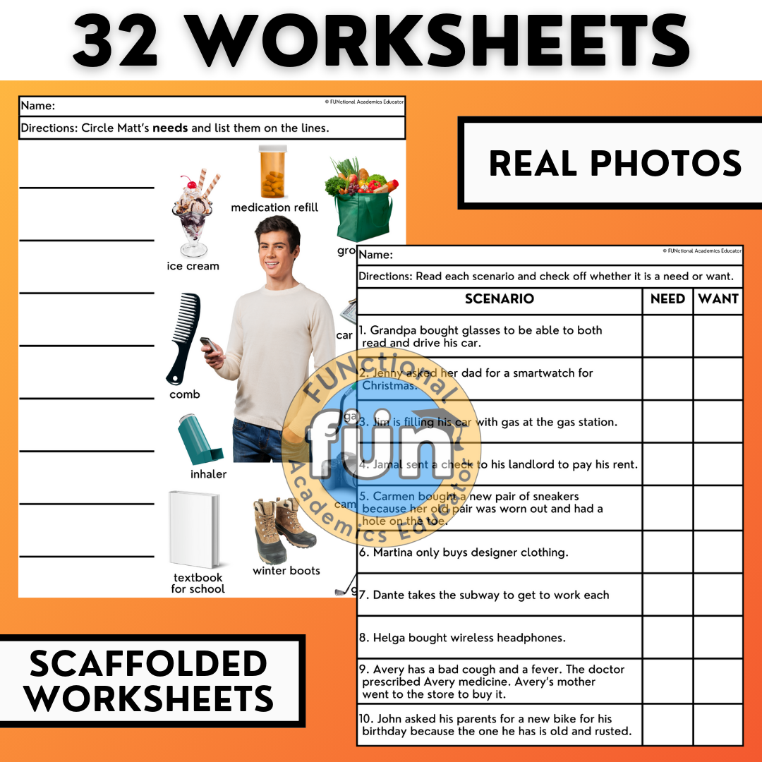 Needs & Wants Financial Literacy Worksheets - Life Skills Budgeting & Economics