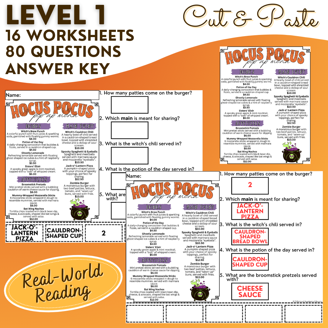 Reading Fall Menus Unit 2 - Functional Reading - Reading Comprehension