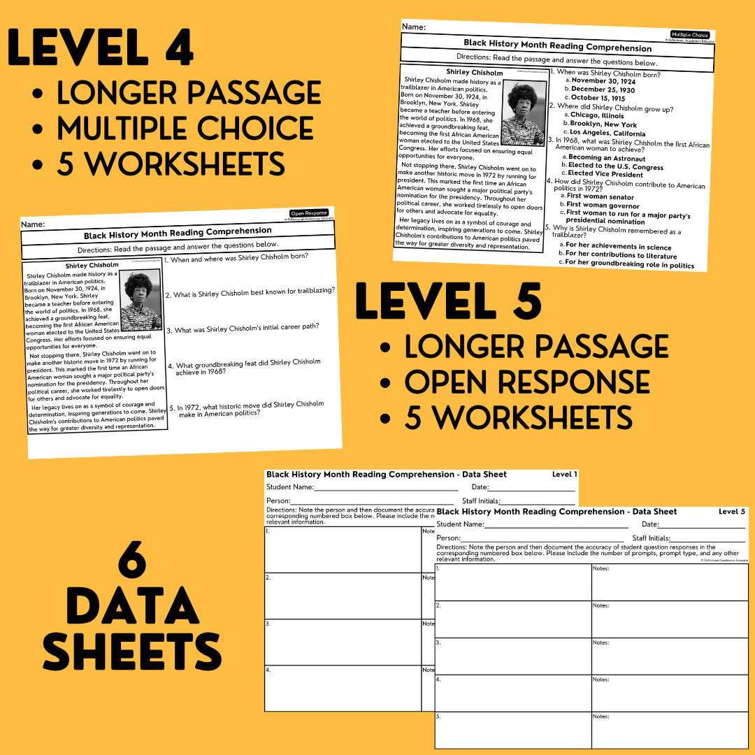 Black History Month Biographies - Reading Comprehension Worksheets - 5 Levels