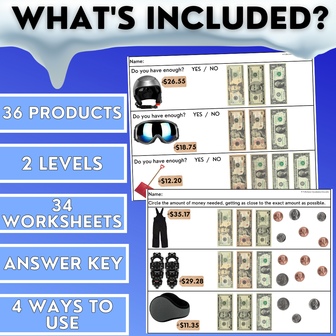 Winter Shopping Task Cards/ Worksheets - Real Photos - Money Math - Special Ed