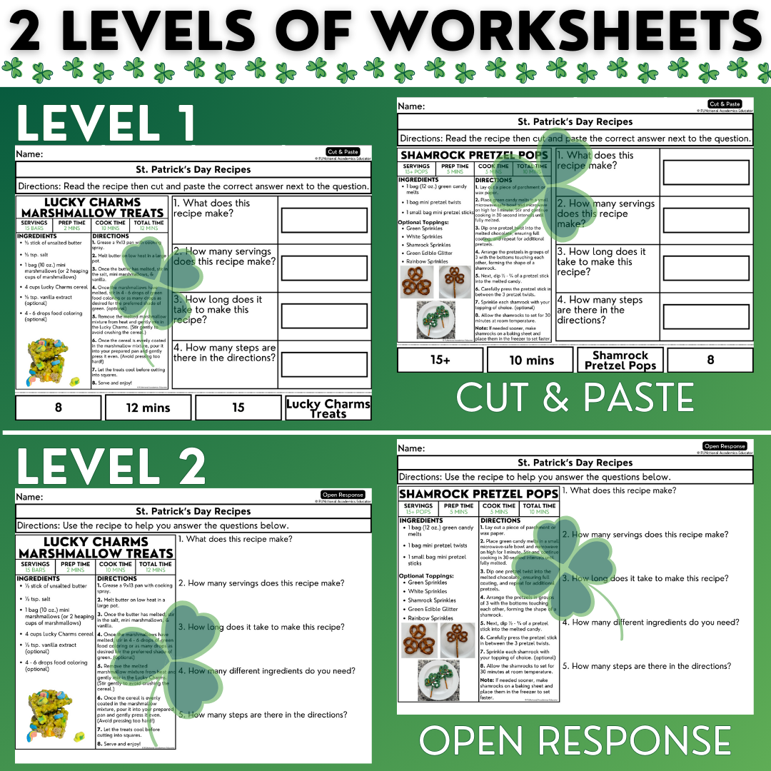 St. Patrick's Day Recipes - Cooking Activities & Worksheets - Reading