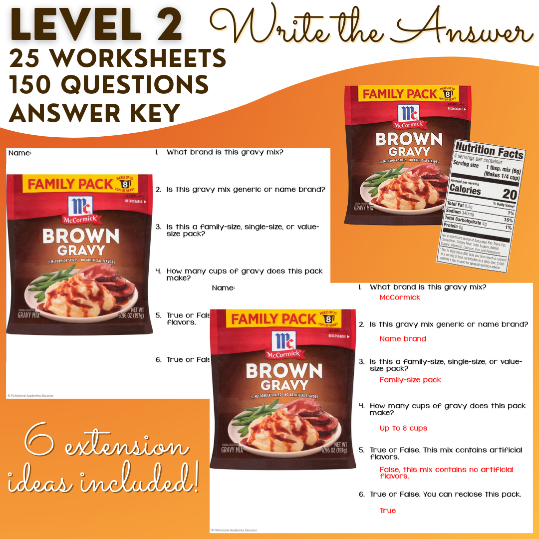 Thanksgiving Food Product & Nutrition Label Comprehension - Special Education