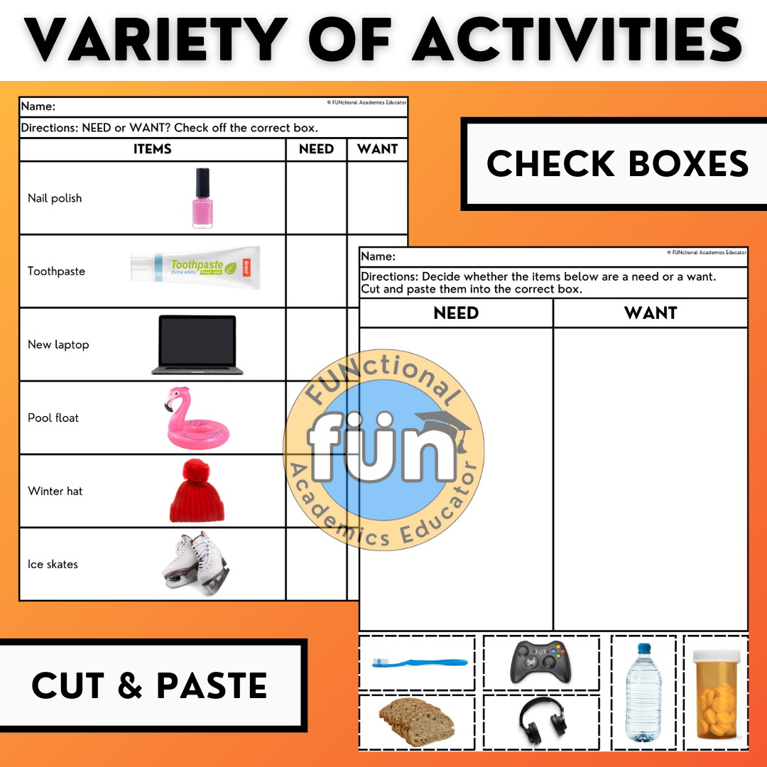 Needs & Wants Financial Literacy Worksheets - Life Skills Budgeting & Economics