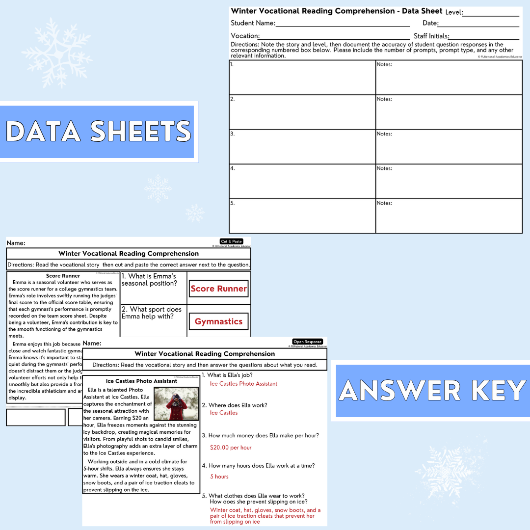 Winter Vocational Reading Comprehension Worksheets - Job Exploration