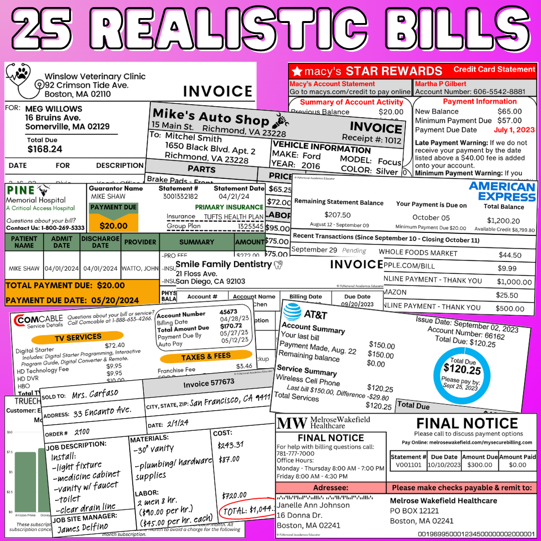 Paying Bills / Bill Comprehension BUNDLE - Reading Bills - Life Skills
