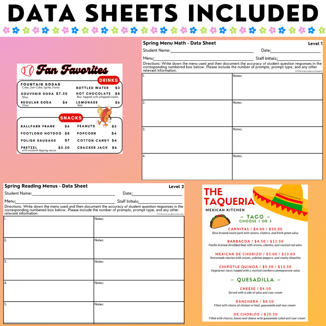 Spring Menus BUNDLE - Reading Menus & Menu Math - Life Skills