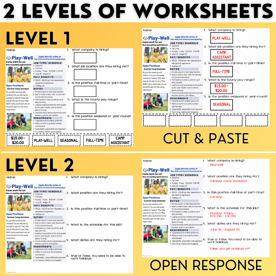 Summer Job Postings 1 - Reading Job Descriptions - Vocational Skills Worksheets