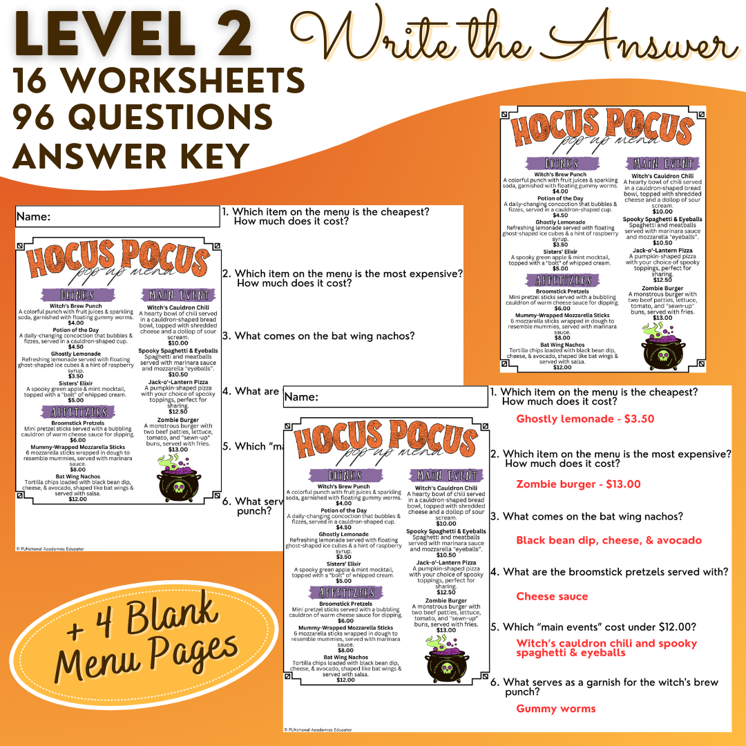 Reading Fall Menus Unit 2 - Functional Reading - Reading Comprehension