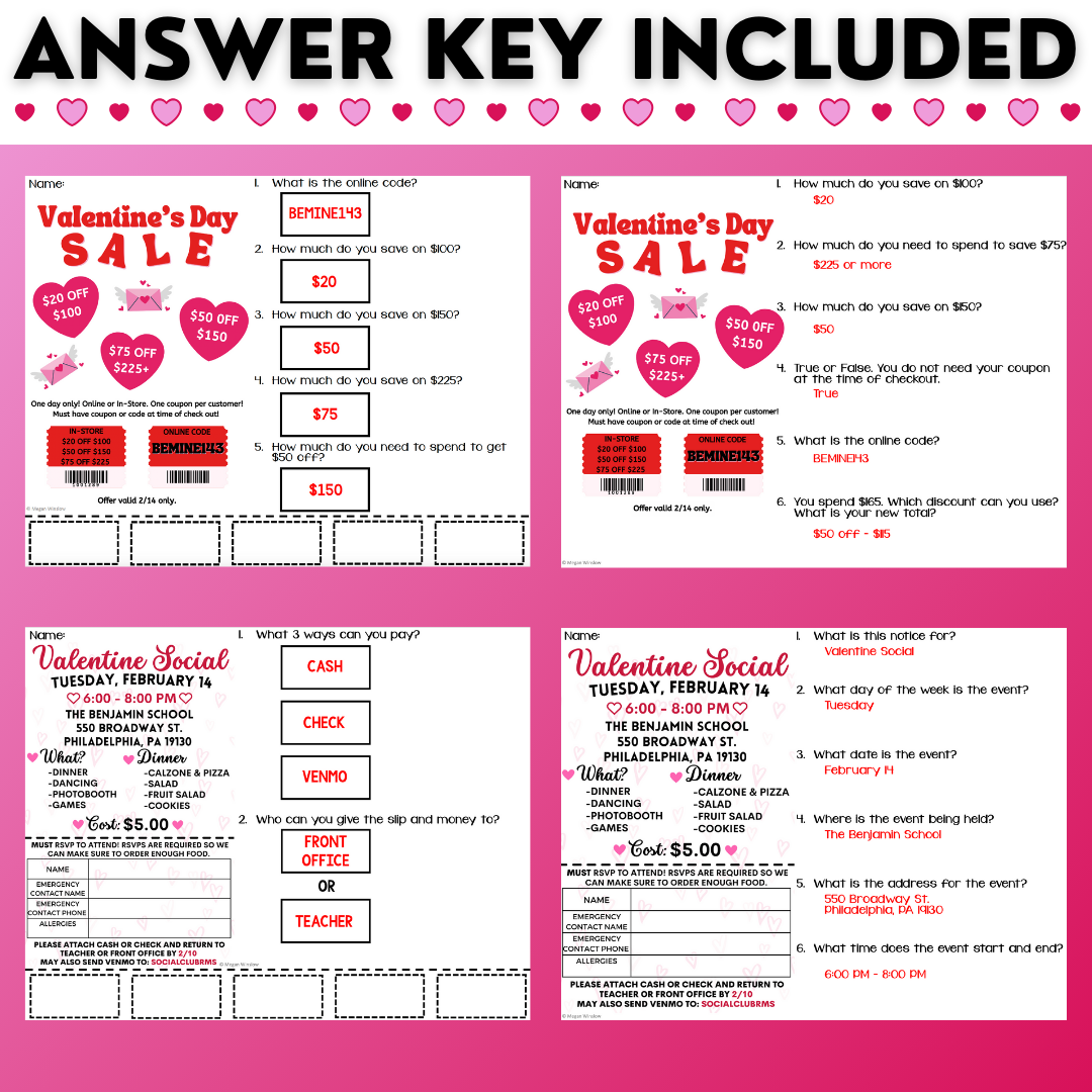 Valentine's Day Funtional Texts - Real-World Reading Worksheets