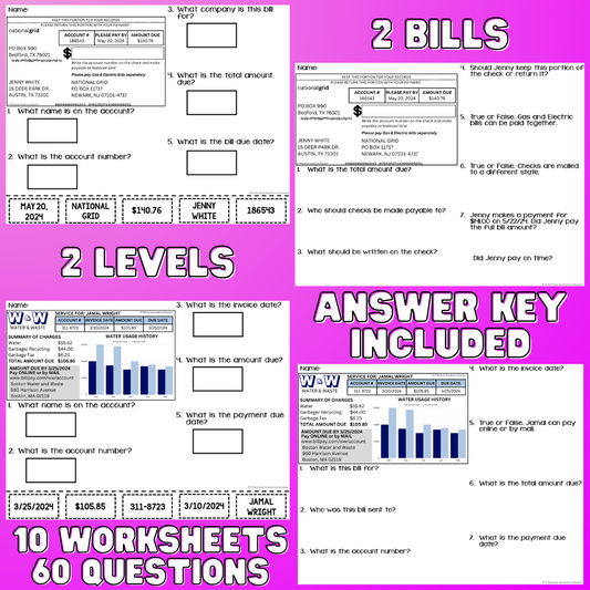 Paying Bills FREEBIE - Reading Utility Bills - Life Skills