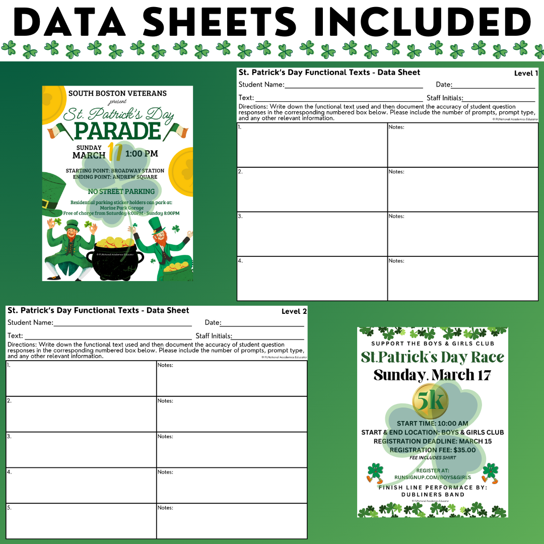 St. Patrick's Day Funtional Texts- Real-World Reading & Comprehension Worksheets