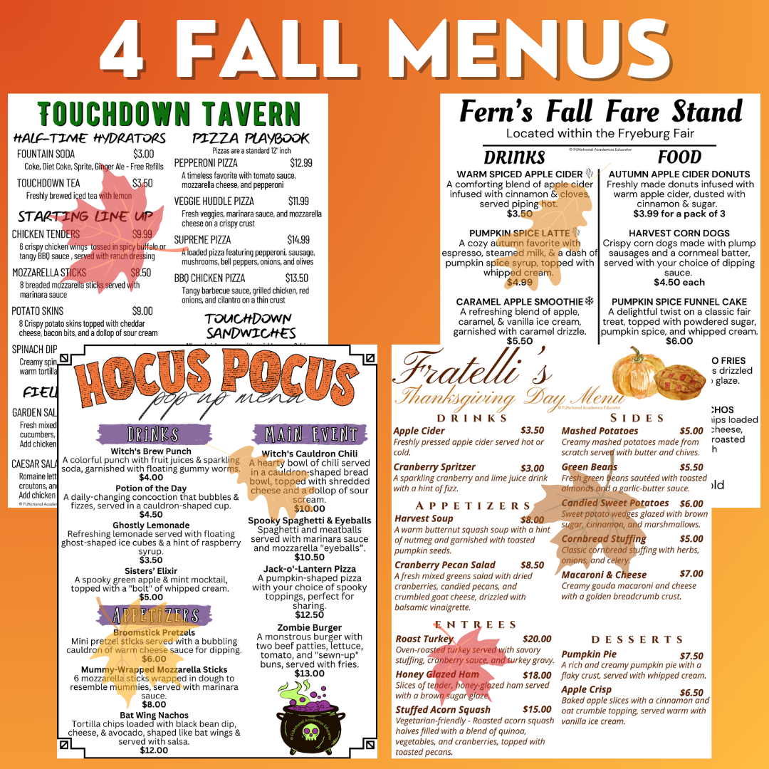 Reading Fall Menus Unit 2 - Functional Reading - Reading Comprehension