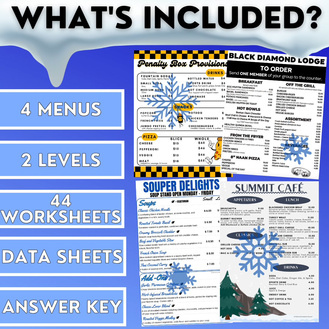 Menu Math Winter-Themed Worksheets - Total Cost & Change Back - Real-World Math