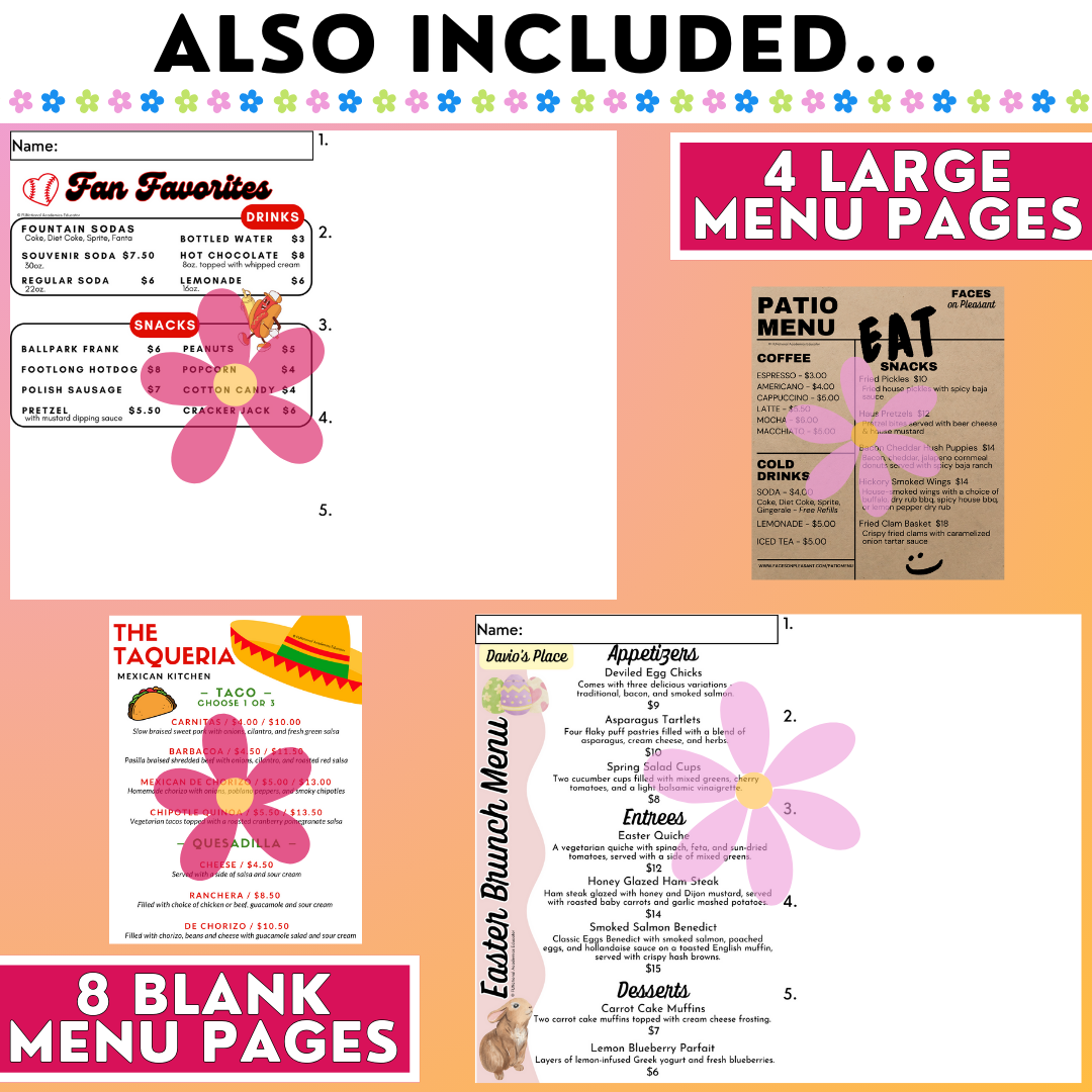 Spring Menus BUNDLE - Reading Menus & Menu Math - Life Skills